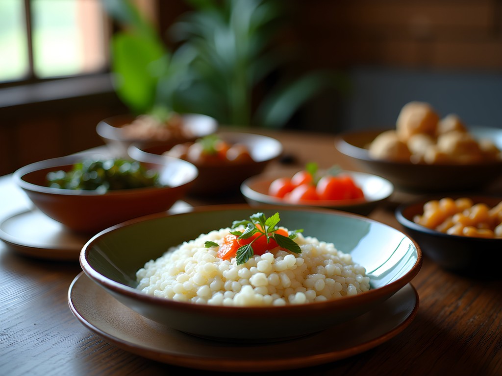 Traditional Zambian meal with nshima, village chicken, and vegetable relishes served on a wooden table