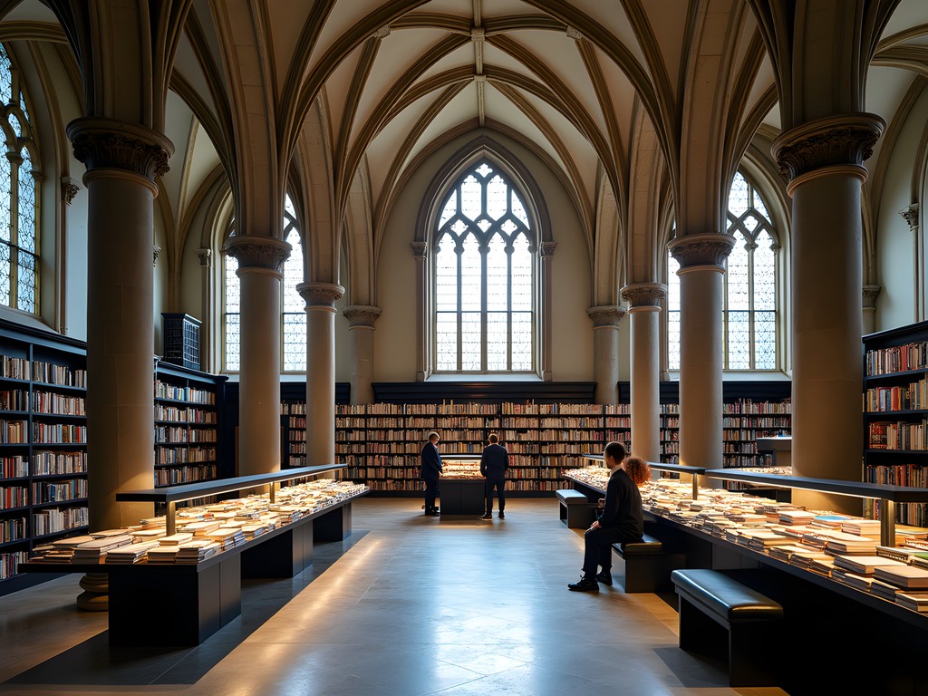 Interior of Dominicanenkerk bookstore in Maastricht showing Gothic architecture with modern bookshelves