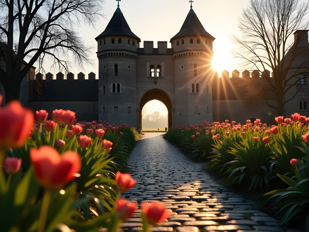 Ancient Helpoort (Hell's Gate) in Maastricht illuminated by morning sunlight