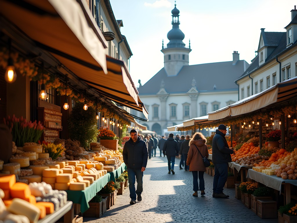 Bustling morning market in Maastricht's central square with historic City Hall in background