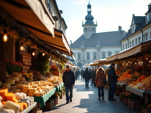 Bustling morning market in Maastricht's central square with historic City Hall in background