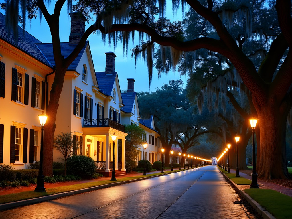 Twilight view of antebellum homes in Macon's Historic District with gas lamps glowing