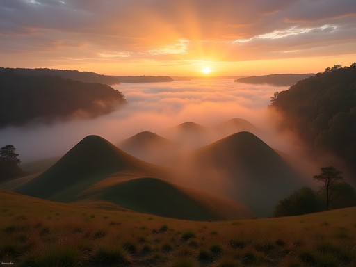 Sunrise mist rising over Ocmulgee Mounds National Historical Park in Macon, Georgia
