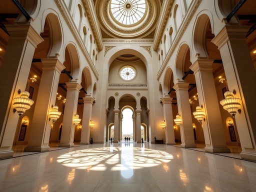 Ornate interior of Al Fateh Grand Mosque in Manama showing massive fiberglass dome and Islamic architecture