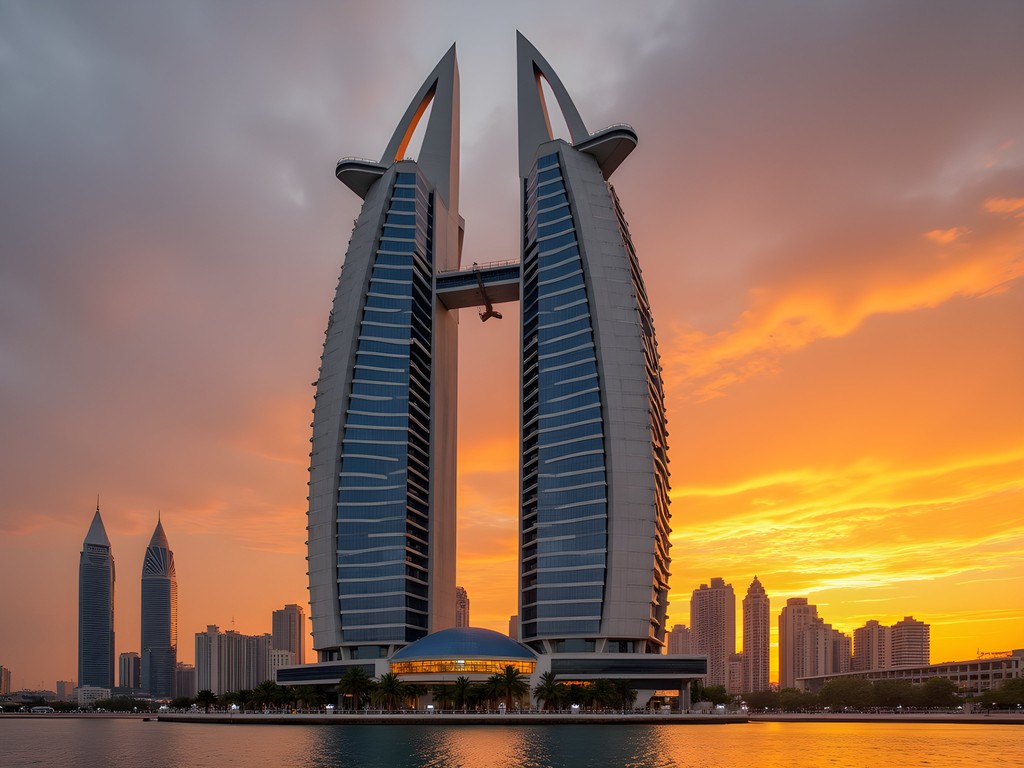 Bahrain World Trade Center twin towers at sunset with distinctive wind turbines visible between towers