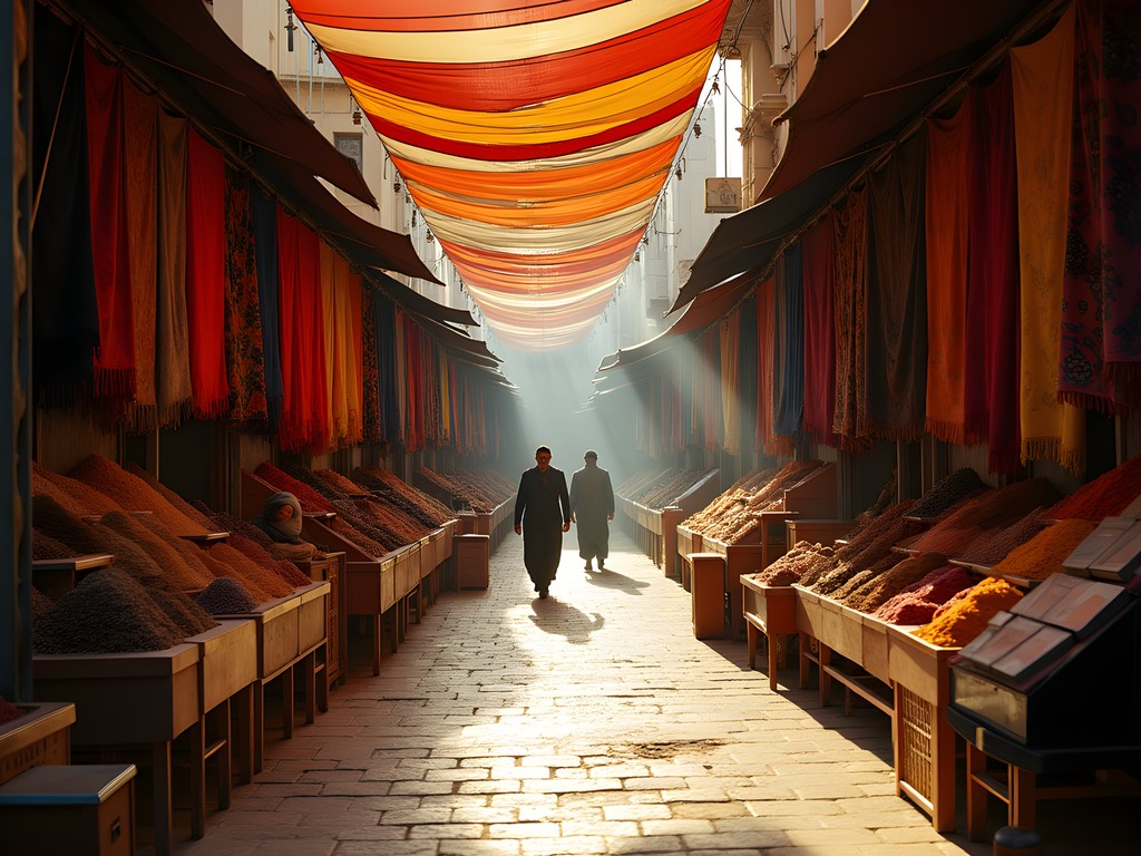 Traditional vendors setting up colorful textile displays at Manama Souq in early morning light