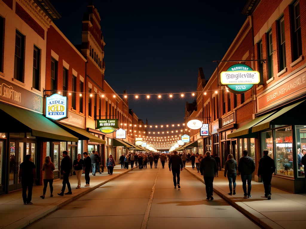 Aggieville entertainment district in Manhattan, Kansas at night with string lights and lively atmosphere