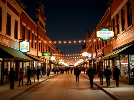 Aggieville entertainment district in Manhattan, Kansas at night with string lights and lively atmosphere