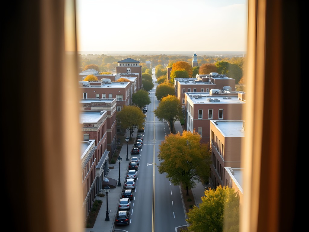 View of downtown Manhattan, Kansas from hotel window showing the charming cityscape