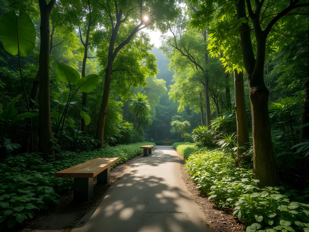 Lush green pathway through Arroceros Forest Park in Manila with dappled sunlight filtering through trees
