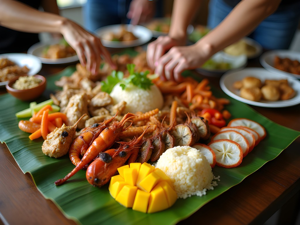Traditional Filipino boodle fight feast spread across banana leaves with seafood, rice, and vegetables