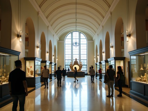 Grand interior hall of the National Museum of the Philippines with natural light illuminating historical artifacts