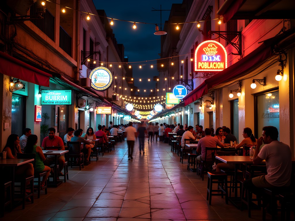 Vibrant nightlife street scene in Poblacion, Makati with colorful bar fronts and locals enjoying evening entertainment