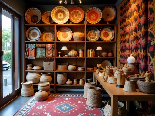 Colorful display of traditional Filipino handicrafts including woven baskets, textiles, and wooden carvings
