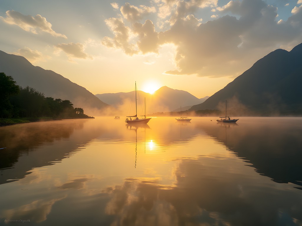 Sunrise over Lake Valencia with mountains reflected in still water