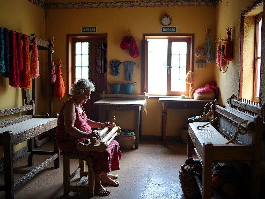 Traditional Venezuelan weaving workshop in Maracay with colorful textiles