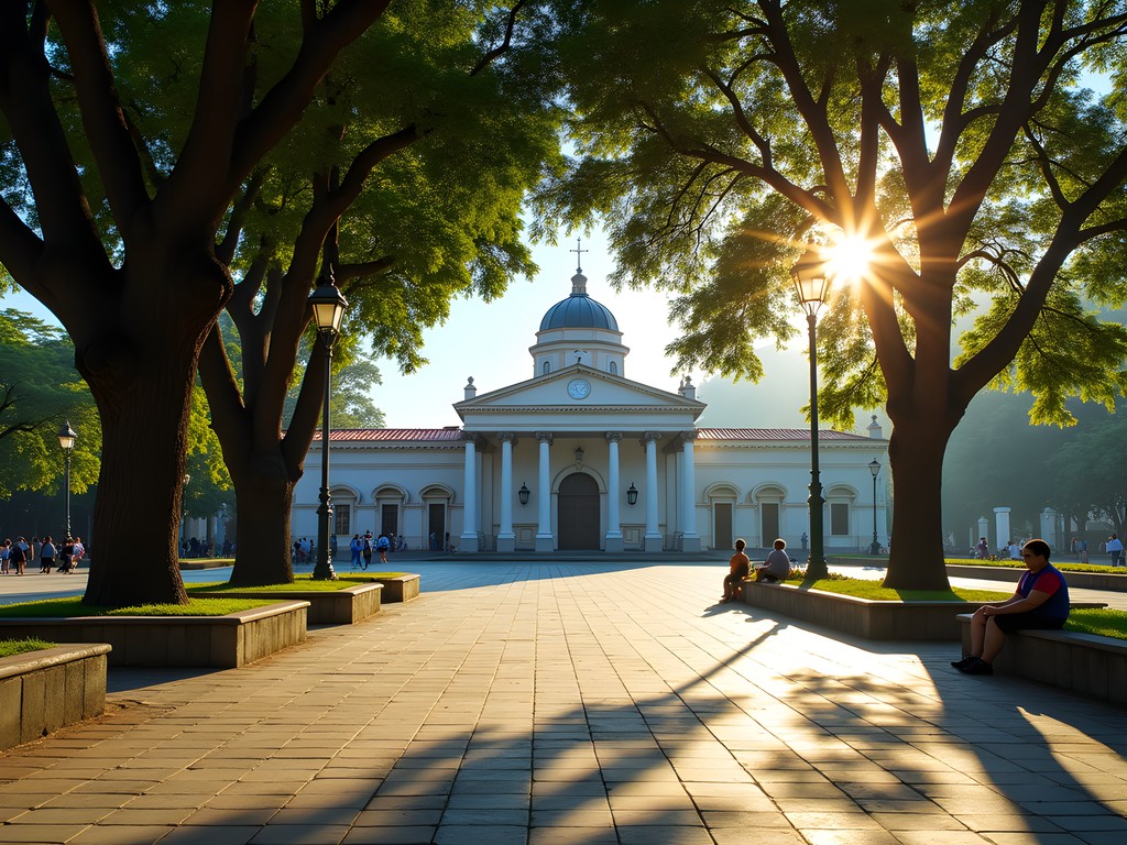 Morning light in Plaza Bolívar Maracay with cathedral and ancient trees