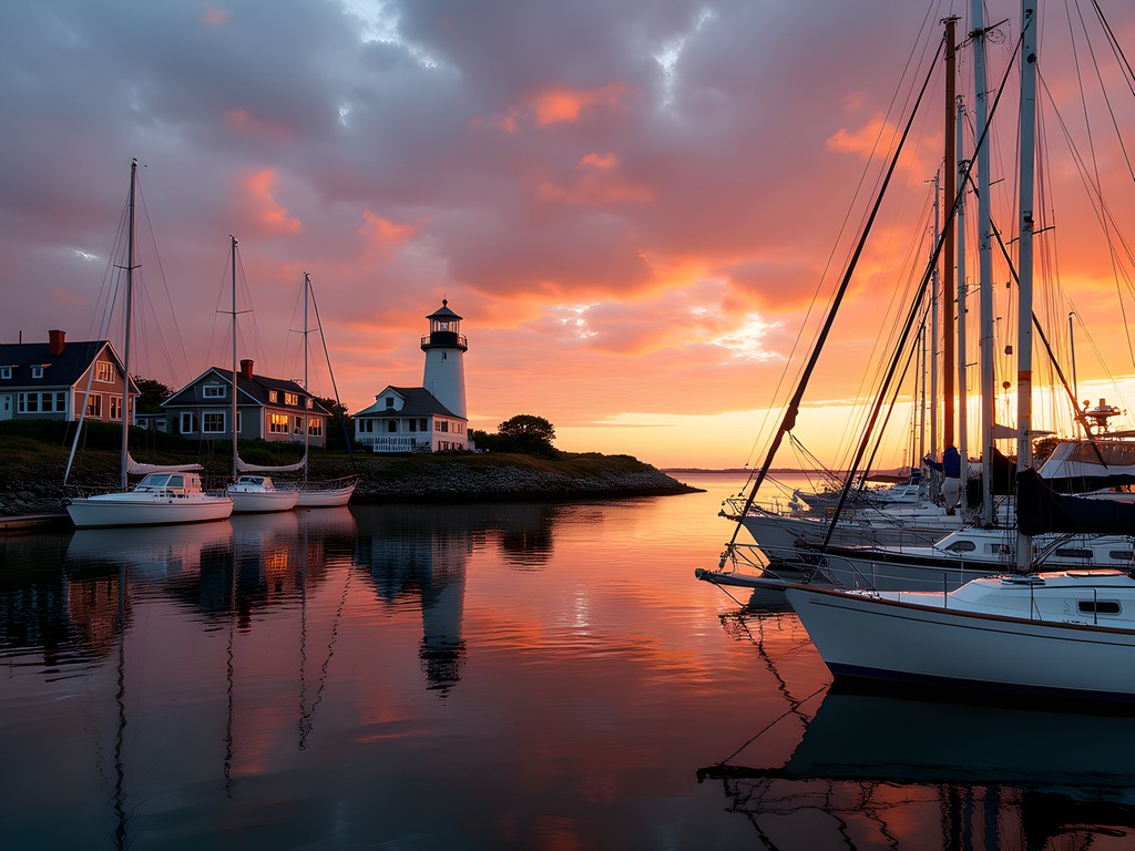 Edgartown Harbor with lighthouse and sailboats at sunset in Martha's Vineyard