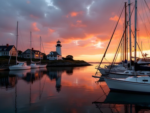 Edgartown Harbor with lighthouse and sailboats at sunset in Martha's Vineyard