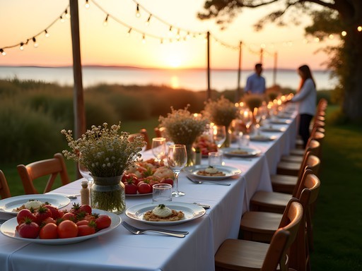 Farm-to-table outdoor dinner setting on Martha's Vineyard with ocean view at sunset