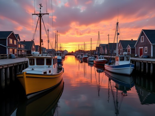 Fishing boats in Menemsha Harbor at sunset with colorful sky