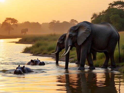 Elephants and hippos along Kazinga Channel in Queen Elizabeth National Park, Uganda