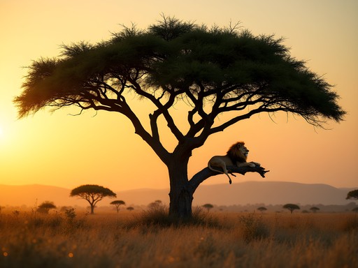 Rare tree-climbing lions resting on acacia branch in Queen Elizabeth National Park