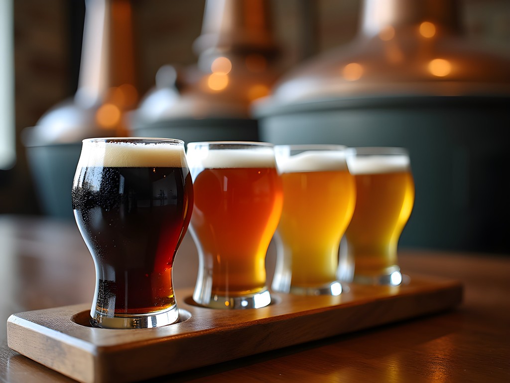 Beer tasting flight at Het Anker Brewery in Mechelen with historic brewing equipment visible