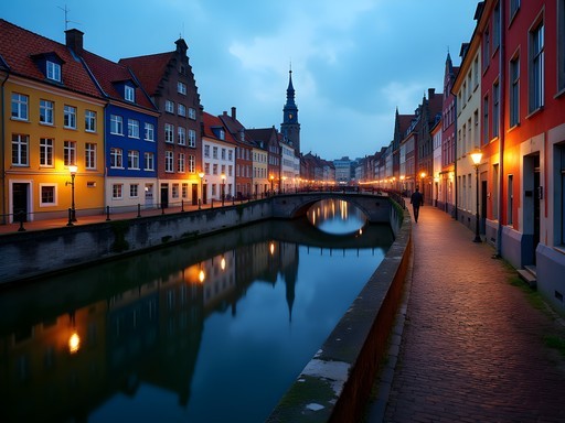 Evening view of historic buildings reflecting in Mechelen's Dijle River with soft lighting and couple walking
