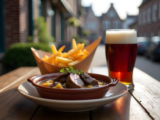Traditional Belgian food and craft beer pairing at outdoor cafe in Mechelen's historic center
