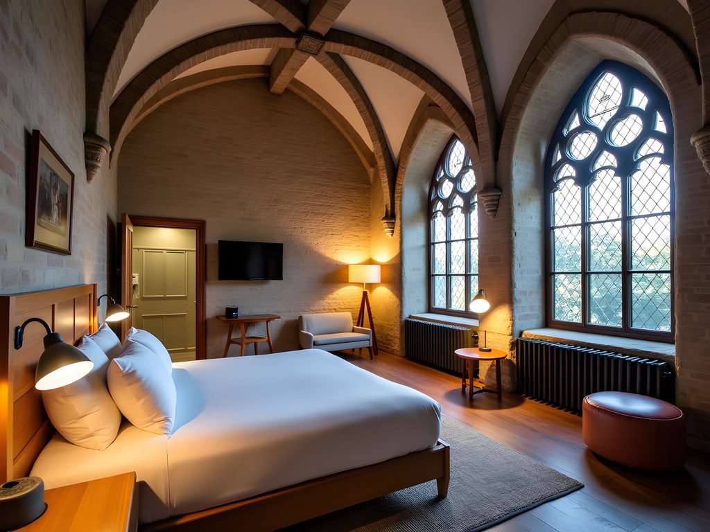 Unique hotel room with Gothic arches and stained glass at Martin's Patershof converted church hotel in Mechelen