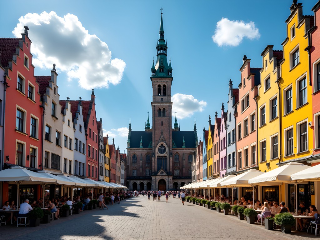 Colorful guild houses surrounding Mechelen's Grote Markt with St. Rumbold's Tower in background