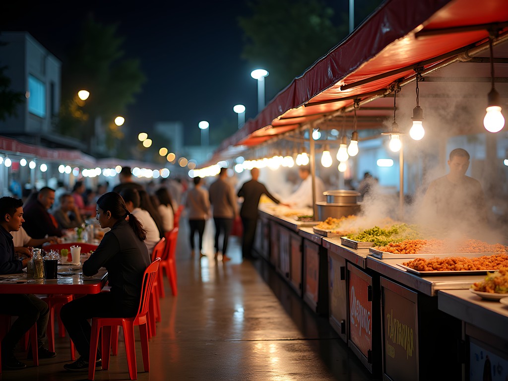 Vibrant night market food stalls in Medan with colorful lighting