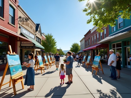 Families exploring artwork during Meridian's downtown Art Walk