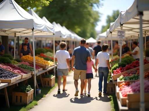 Families shopping at Meridian Farmers Market with fresh local produce displays