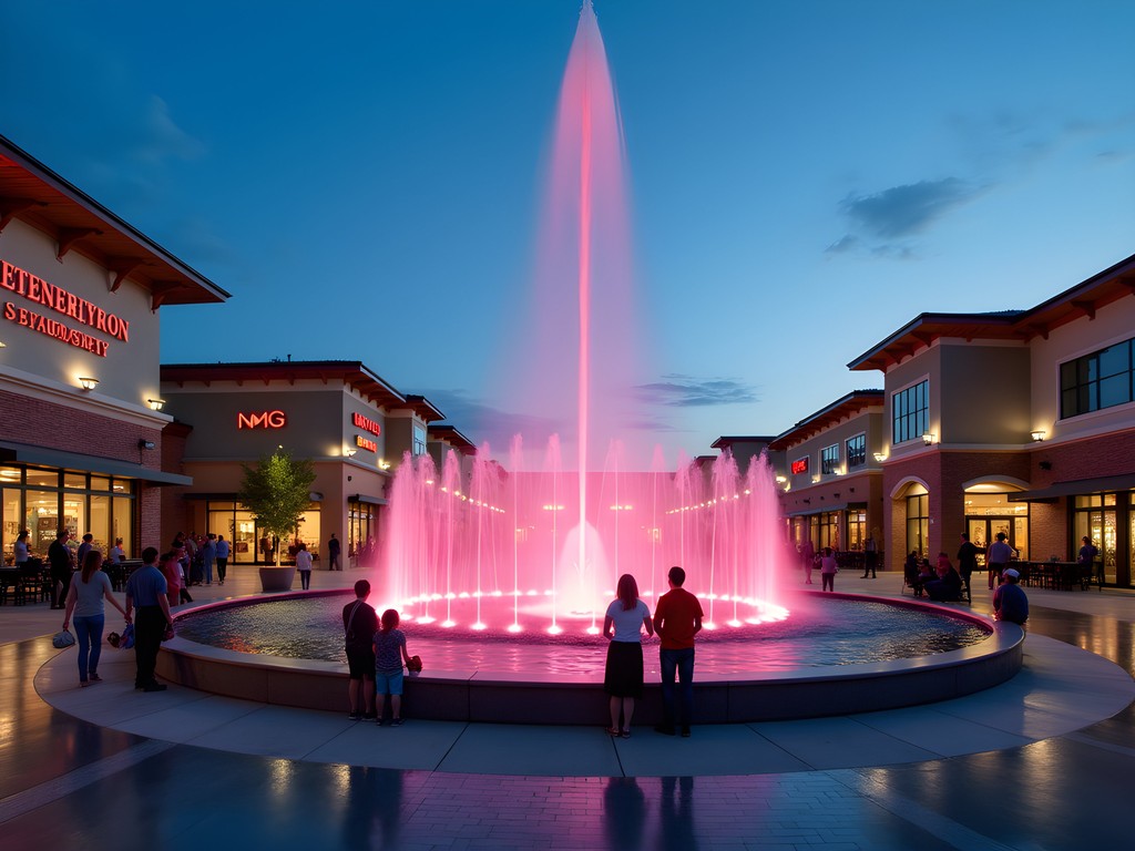 Evening fountain show at The Village at Meridian with colorful lights