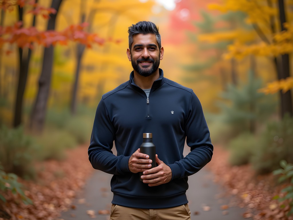 Travel blogger Jordan Khan on autumn trail in Merrimack conservation area