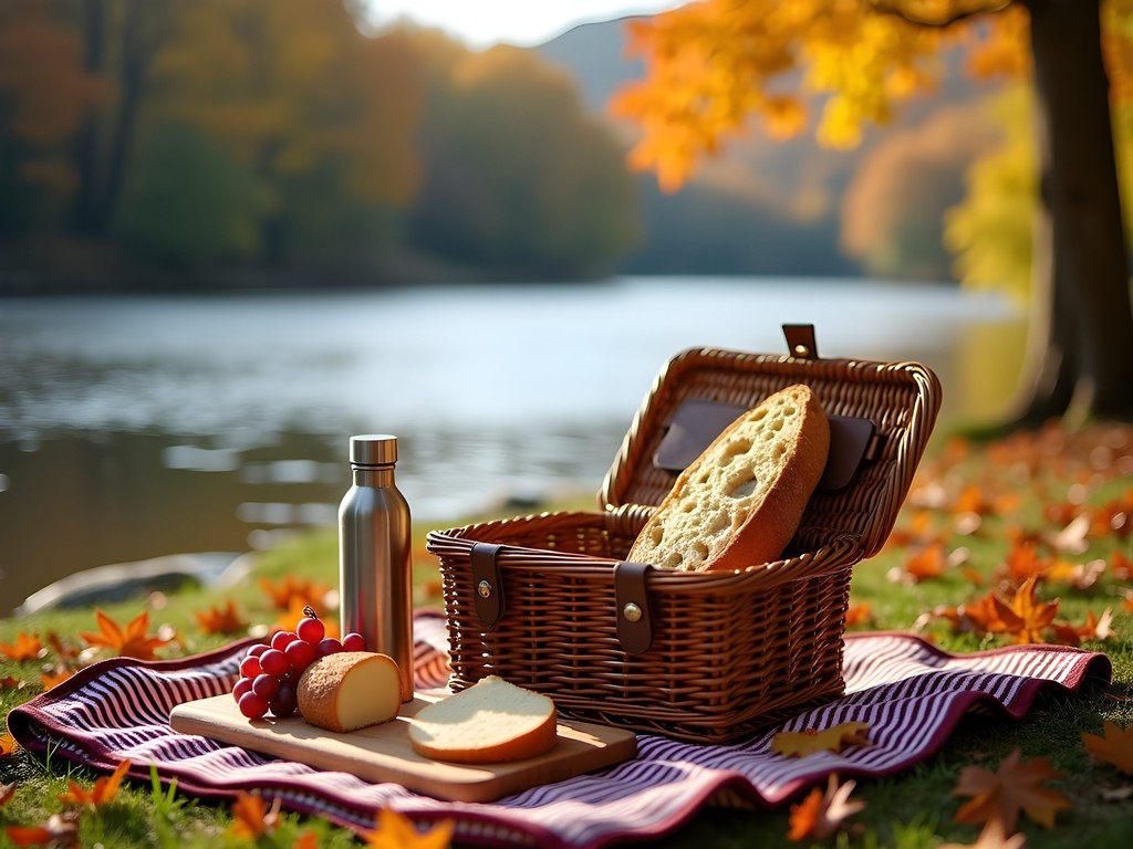 Romantic fall picnic setup with local foods near Merrimack River