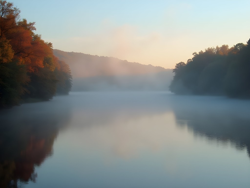 Morning mist rising from Merrimack River with autumn trees in background