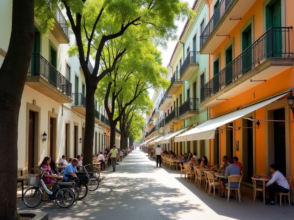 Tree-lined street in Roma Norte neighborhood with colorful buildings and outdoor cafes