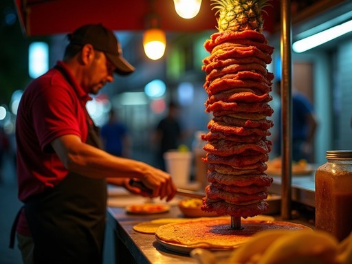 Traditional tacos al pastor being prepared at a street food stand in Mexico City