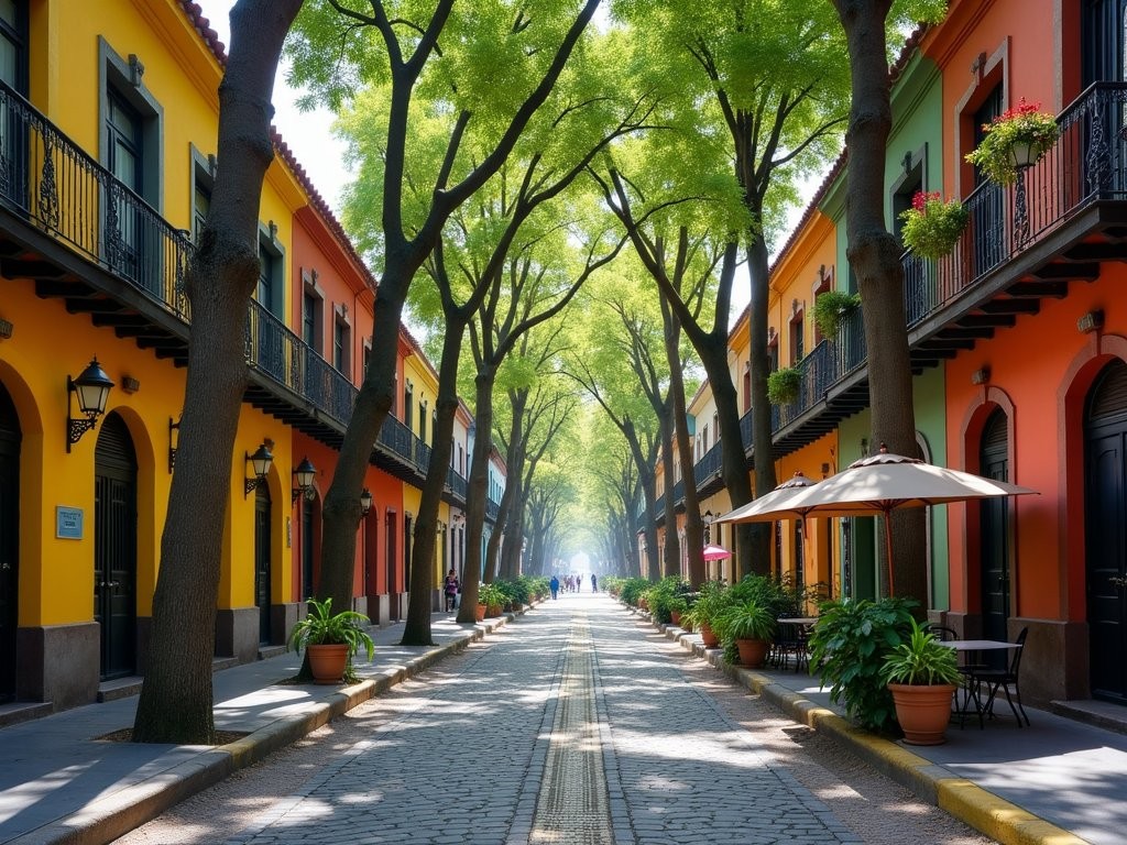 Tree-lined street in Roma Norte showing colorful historic buildings and cafes
