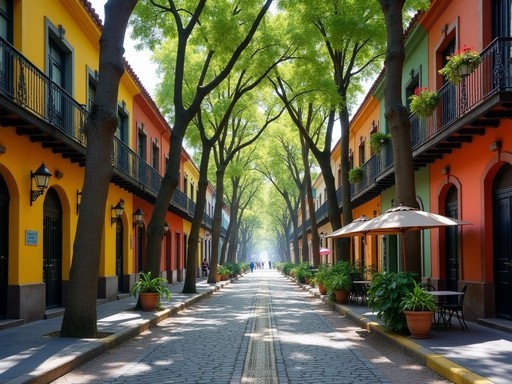 Tree-lined street in Roma Norte showing colorful historic buildings and cafes