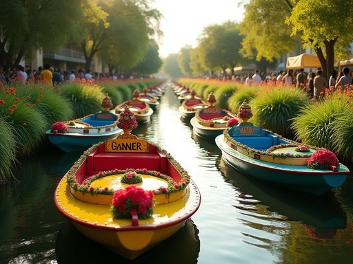 Colorful trajinera boats on Xochimilco canals with floating gardens