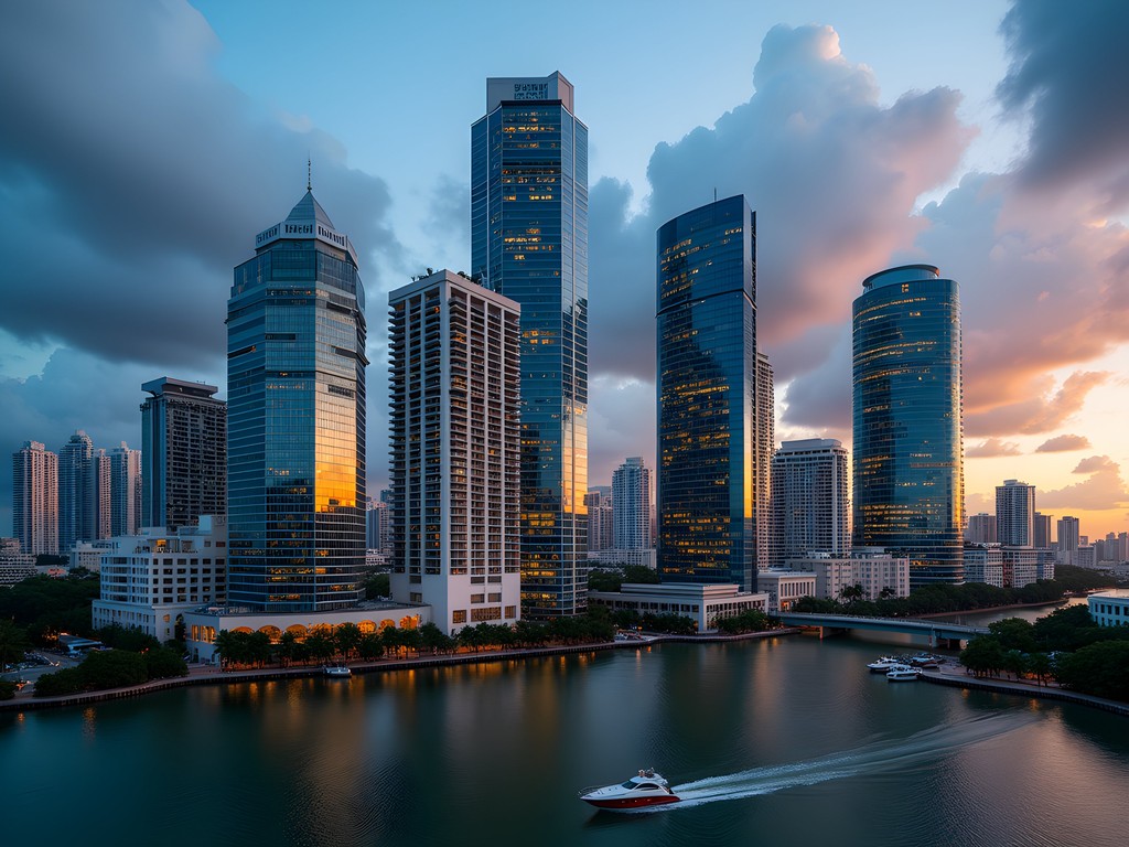 Modern skyline of Brickell financial district in Miami at sunset with Biscayne Bay