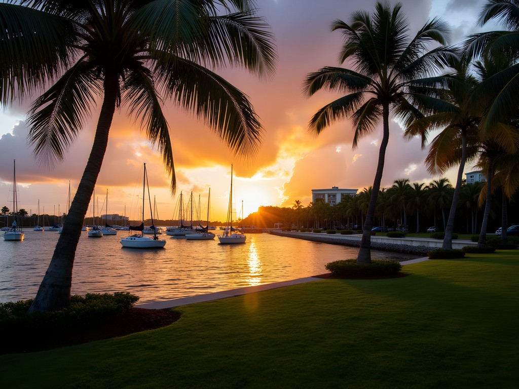 Sunset view of Biscayne Bay from Coconut Grove with sailboats and palm trees