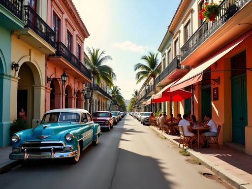 Vibrant street scene in Little Havana's Calle Ocho with colorful buildings and Cuban culture