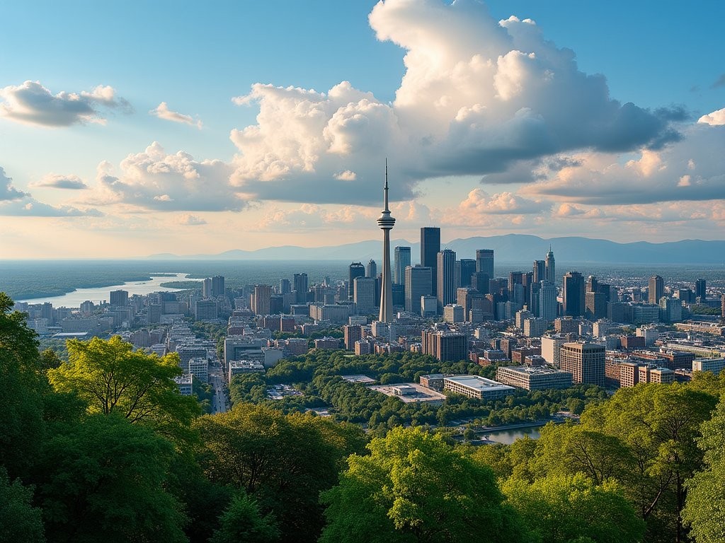 Panoramic view of Montreal skyline from Mount Royal lookout point
