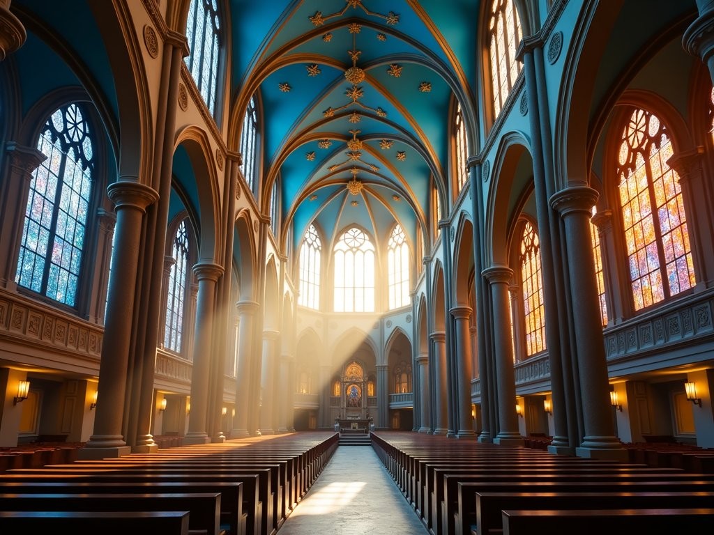 Morning light streaming through stained glass windows of Notre-Dame Basilica in Montreal