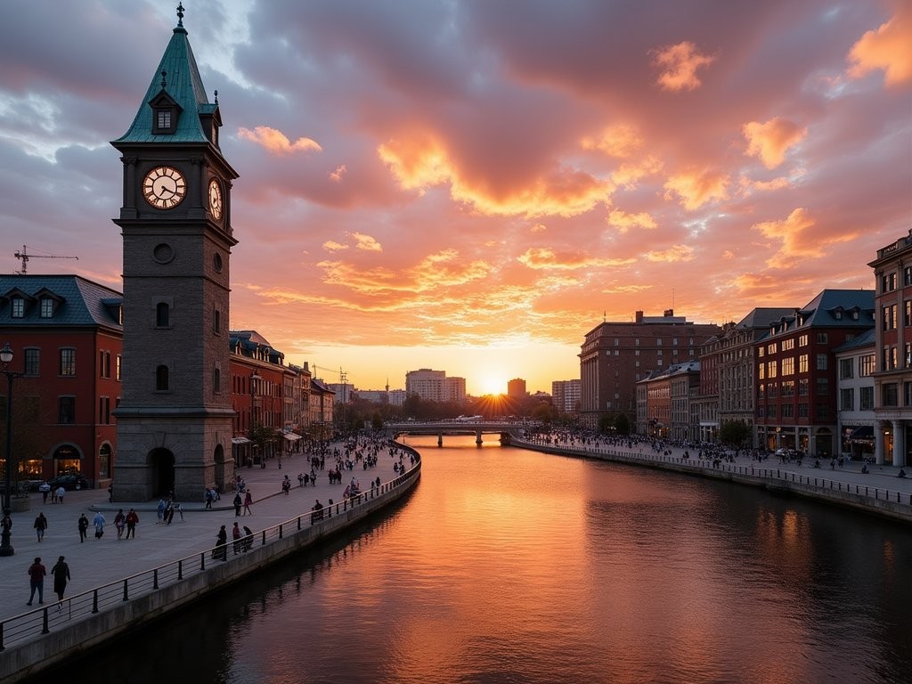 Sunset view of Montreal Old Port with historic Clock Tower and modern waterfront